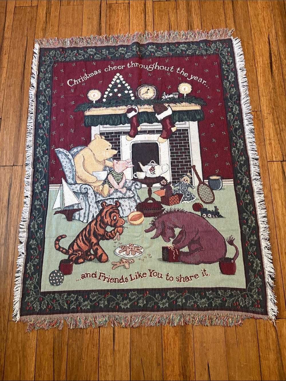 Disney Classic Pooh Christmas Fringed Throw Tapestry Blanket Goodwin Weavers